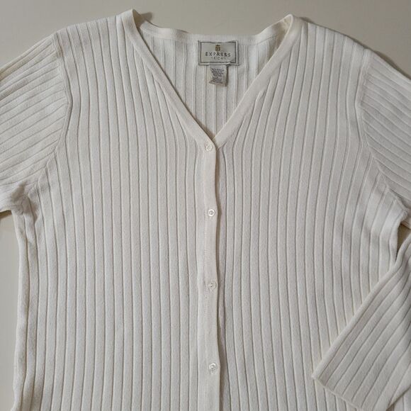Express Women's Ivory V-neck Long Button-Down Cardigan Sweater - Picture 7 of 11